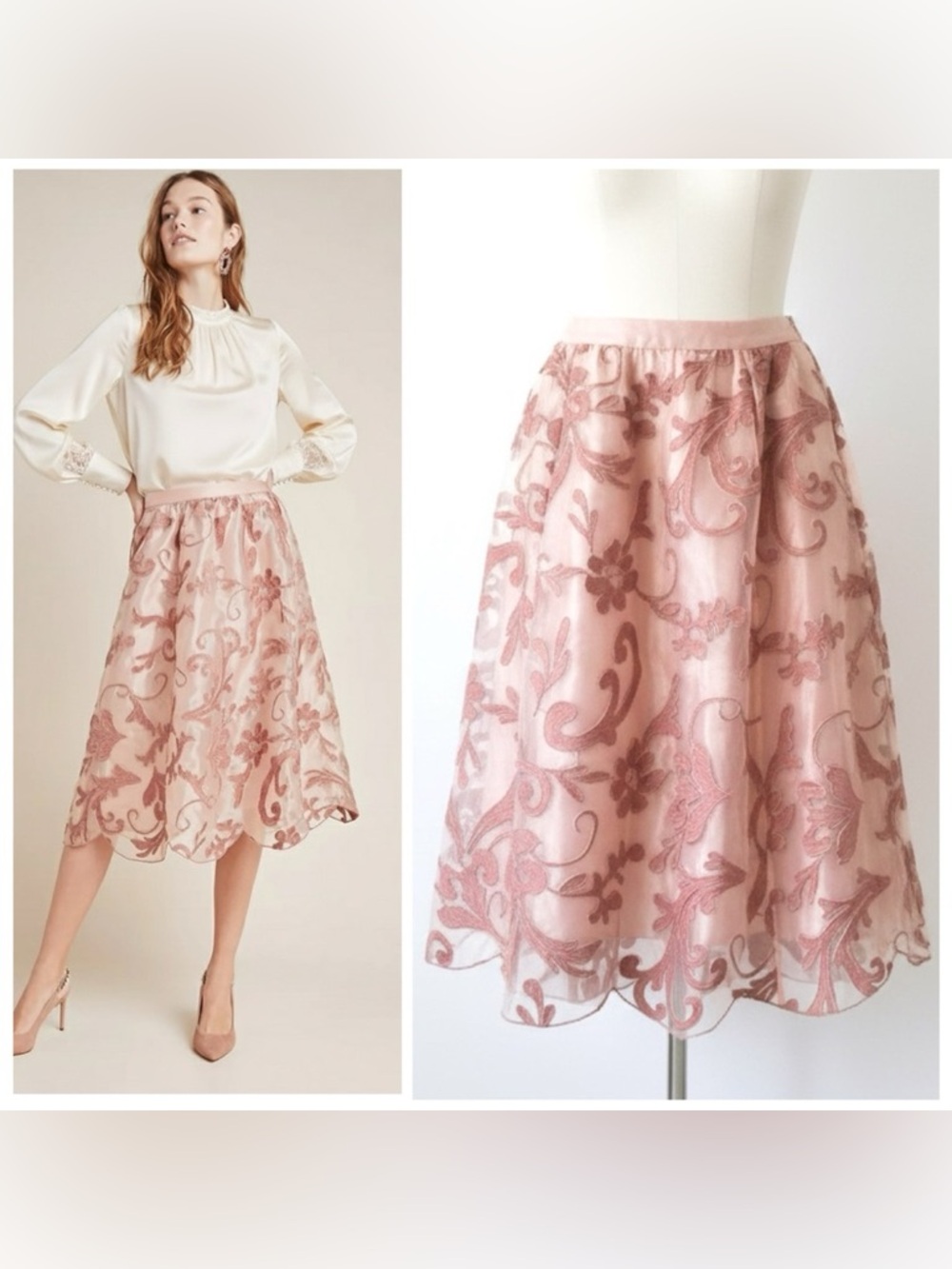 Maeve Anthropologie Pink Embroidered Organza Midi Skirt Scalloped Hem Medium NWT